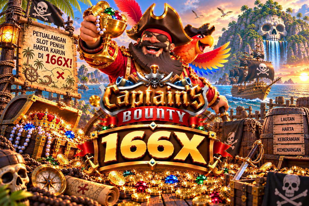 Game Captain’s Bounty 166X dengan kapten bajak laut, burung beo, kapal, koin emas, dan harta karun