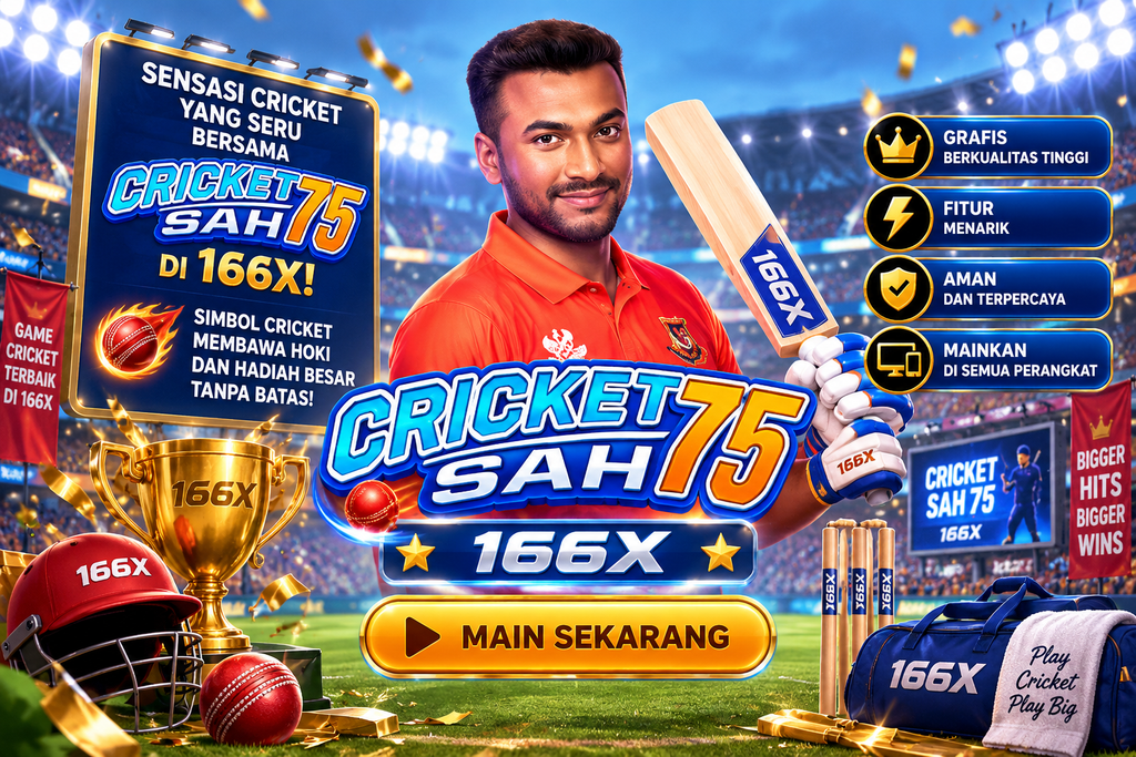 Game Cricket Sah75 166X dengan pemain cricket, tongkat, bola, trofi, dan stadion
