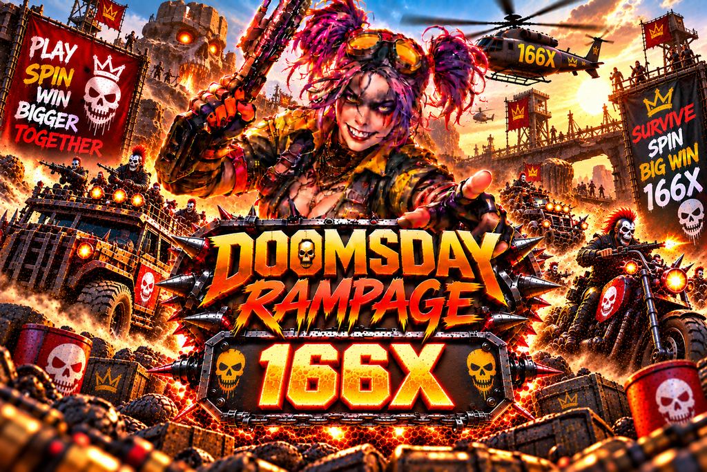 Game Doomsday Rampage 166X dengan karakter punk, kendaraan tempur, motor, helikopter, dan suasana pasca-apokaliptik