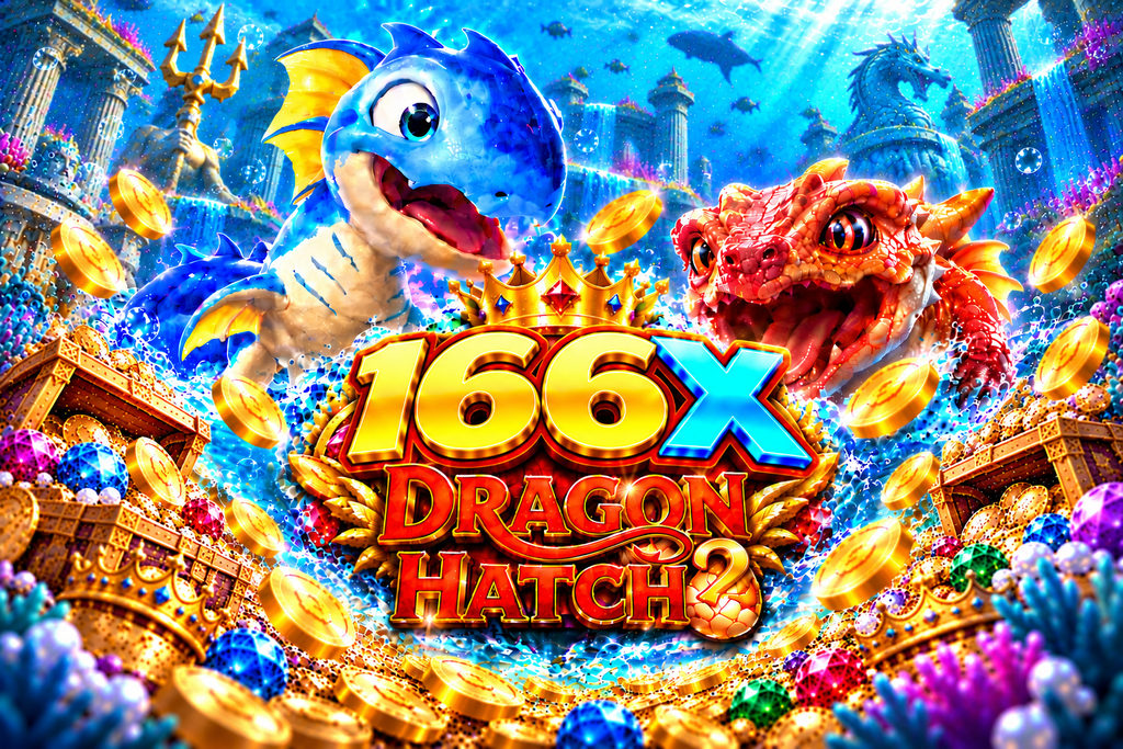 Game Dragon Hatch 2 166X dengan naga biru dan merah, koin emas, permata berwarna-warni, dan harta karun bawah laut