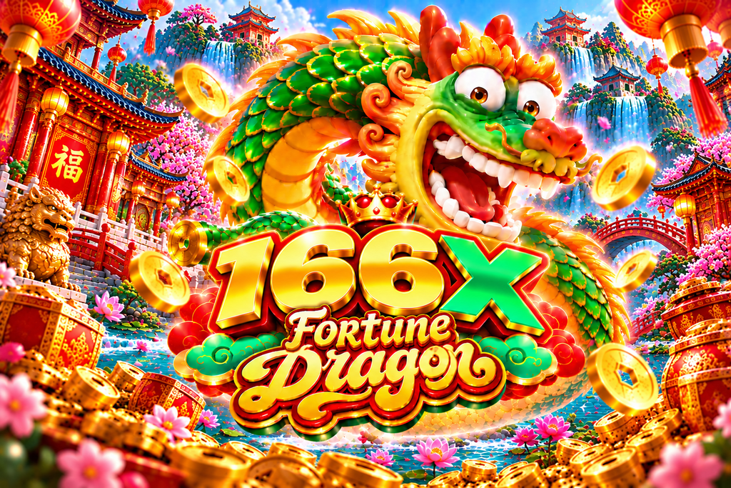 Game Fortune Dragon 166X dengan naga hijau, koin emas, lentera merah, dan kuil Tiongkok