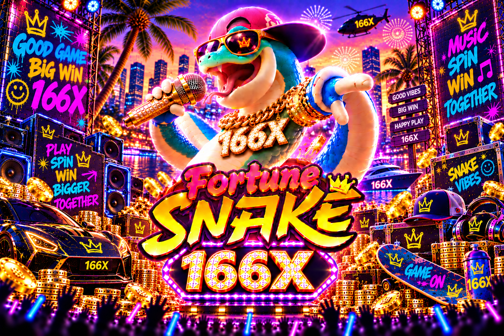 Game Fortune Snake 166X dengan ular rapper, mikrofon emas, mobil sport, koin, dan panggung neon