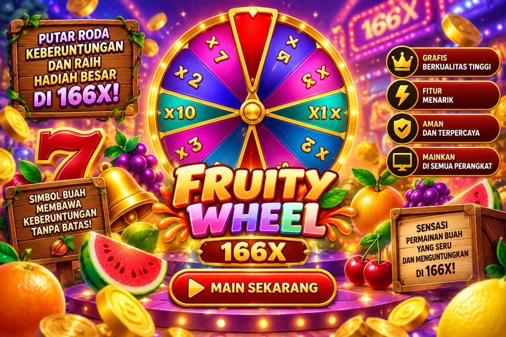 Game Fruity Wheel 166X dengan roda keberuntungan, simbol buah, dan koin emas