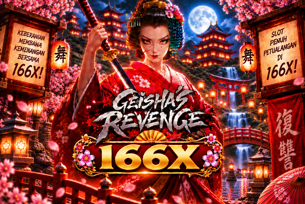 Game Geisha's Revenge 166X dengan geisha, katana, bunga sakura, kuil Jepang, dan suasana malam