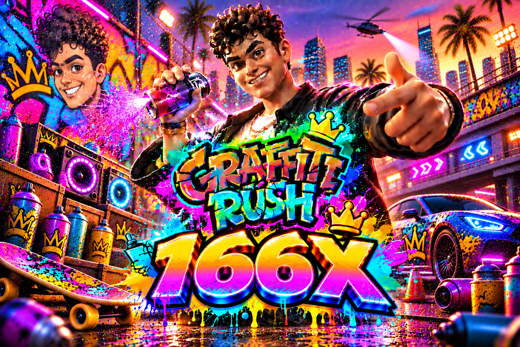 Game Graffiti Rush 166X dengan seniman grafiti, cat semprot, mural warna-warni, dan suasana kota neon