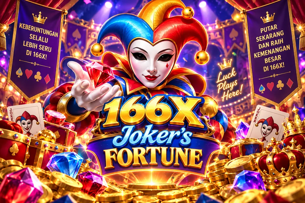 166X Joker’s Fortune dengan karakter joker, permata warna-warni, kartu, mahkota dan koin emas.