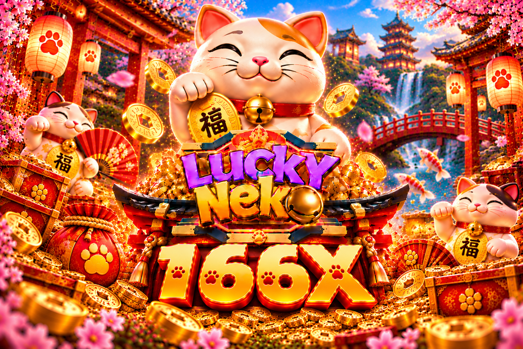 Game Lucky Neko 166X dengan kucing keberuntungan, koin emas, lentera, dan bunga sakura