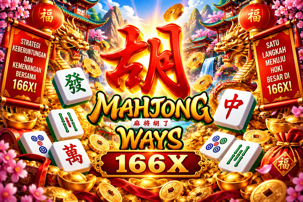 Game Mahjong Ways 166X dengan ubin mahjong, naga emas, koin, lentera merah, kuil oriental, dan suasana keberuntungan