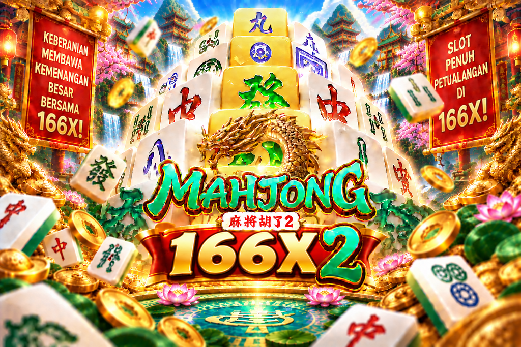 Game Mahjong Ways 2 166X dengan ubin mahjong, naga emas, koin, dan nuansa oriental