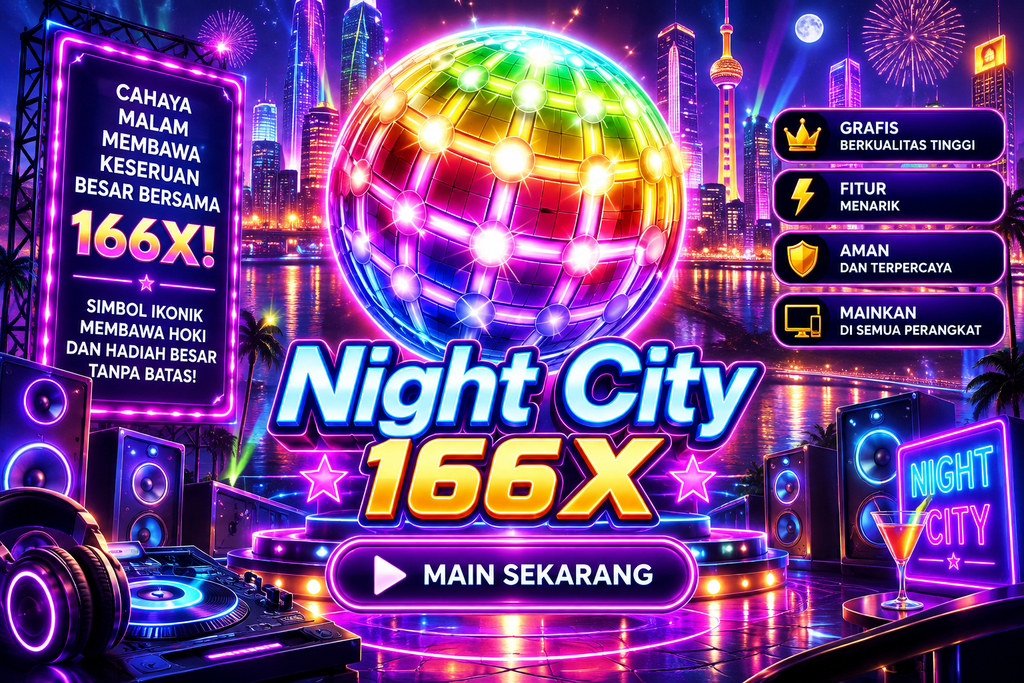 Game Night City 166X dengan bola disko neon, kota malam, lampu warna-warni, dan suasana pesta