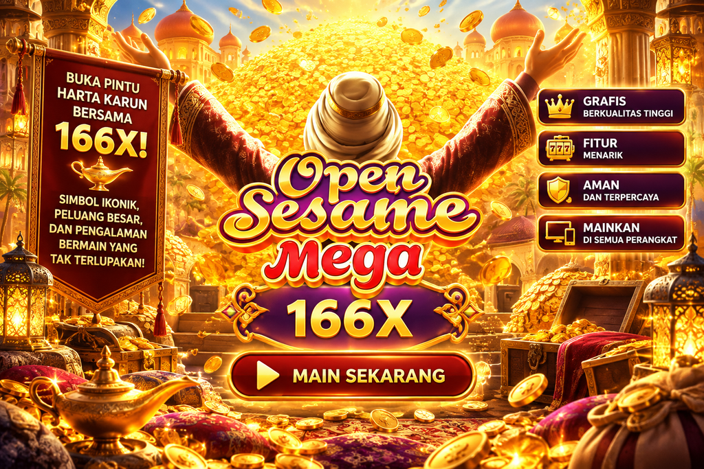 Game Open Sesame Mega 166X dengan harta karun, koin emas, lampu ajaib, dan suasana kerajaan Arab