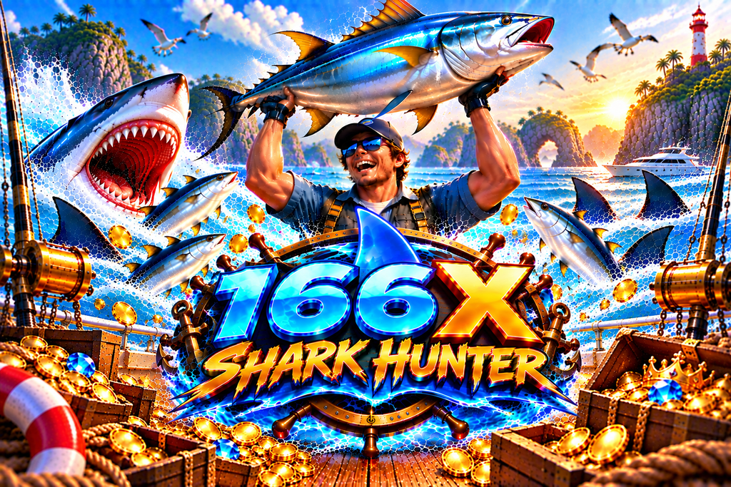 Game Shark Hunter 166X dengan nelayan, ikan tuna besar, hiu, dan petualangan memancing di laut