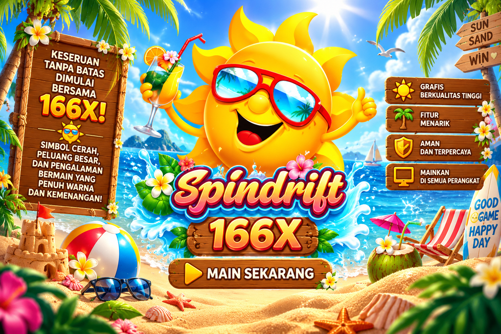 Game Spindrift 166X dengan karakter matahari, pantai tropis, ombak, dan suasana musim panas