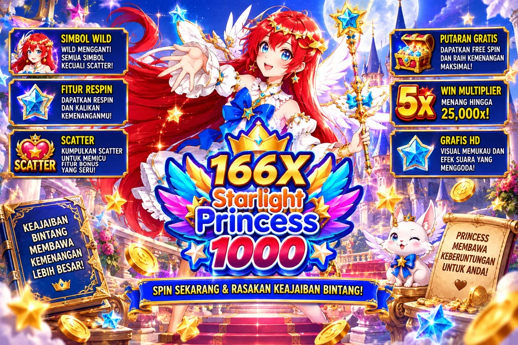 166X Starlight Princess 1000 dengan putri berambut merah, sayap, tongkat bintang dan kastel fantasi bercahaya.