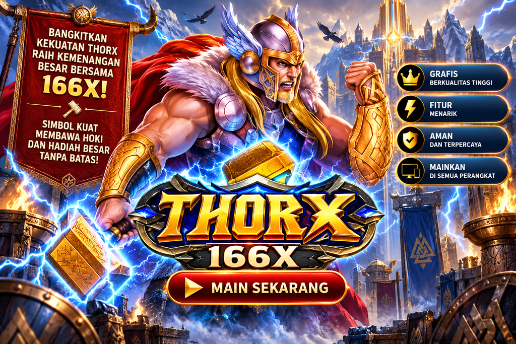 Game ThorX 166X dengan prajurit Viking, palu petir, kastel, dan suasana pertempuran epik