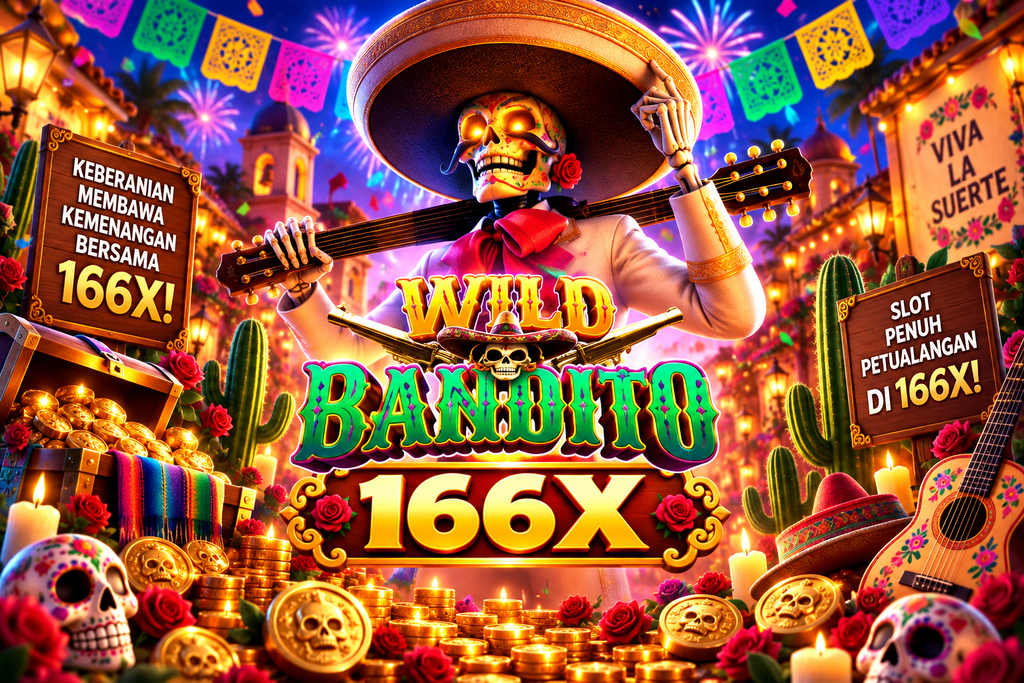 Game Wild Bandito 166X dengan bandit mariachi, gitar, koin emas, kaktus, peti harta, dan suasana festival Meksiko