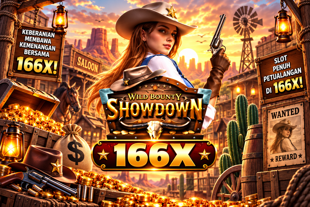 Game Wild Bounty Showdown 166X dengan cowgirl, revolver, koin emas, peti harta, kaktus, dan suasana Wild West