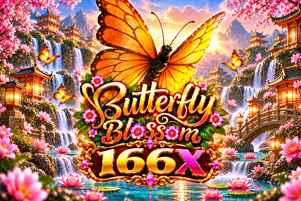 166X Butterfly Blossom dengan kupu-kupu oranye, bunga merah muda, air terjun, dan taman fantasi