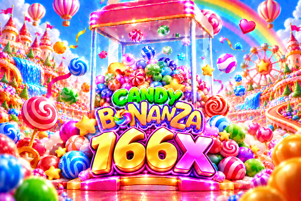 Game Candy Bonanza 166X dengan mesin permen warna-warni, lolipop, kastel fantasi, pelangi, bianglala, dan dunia permen yang ceria