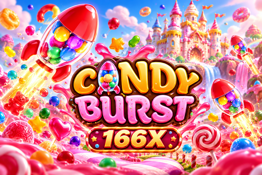 166X Candy Burst with candy rockets, colorful sweets, pink syrup, lollipops, and a fantasy candy castle