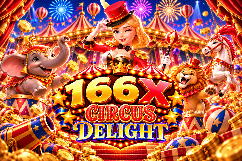 166X Circus Delight with a female ringmaster, elephant, lion, circus horse, fireworks, coins, and festive lights