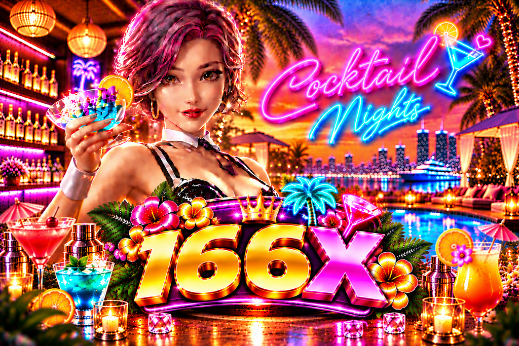 Game Cocktail Nights 166X dengan wanita berambut ungu memegang koktail biru, lampu neon warna-warni, bunga tropis, dan suasana bar tepi kolam saat matahari terbenam