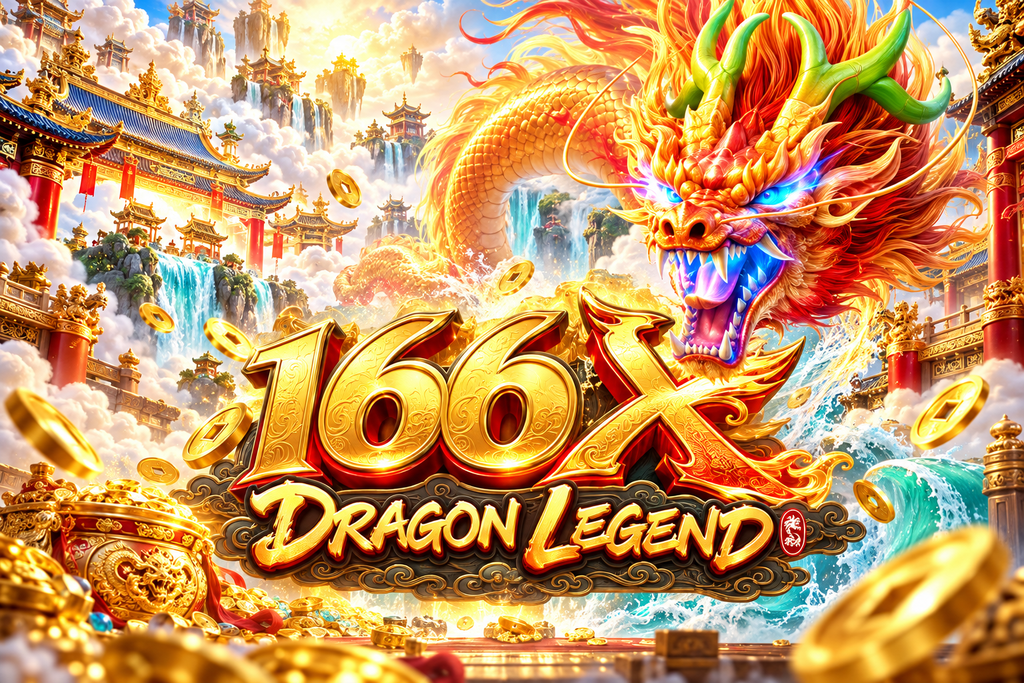 166X Dragon Legend with a golden dragon, ancient temples, waterfalls, clouds, treasure, and flying gold coins