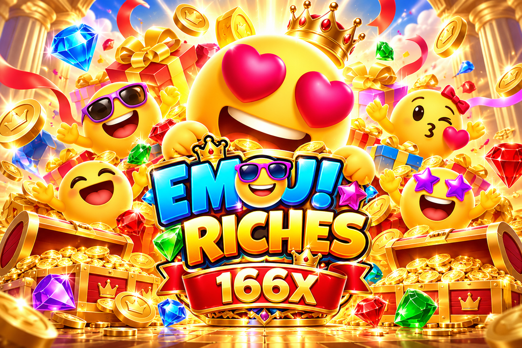 166X Emoji Riches dengan emoji hati, koin emas, permata warna-warni, hadiah, dan peti harta