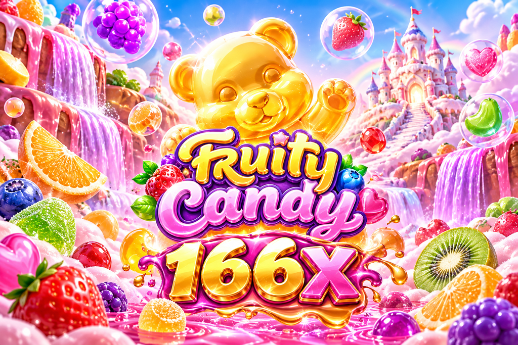 166X Fruity Candy dengan beruang emas, buah warna-warni, permen manis, gelembung, dan dunia fantasi