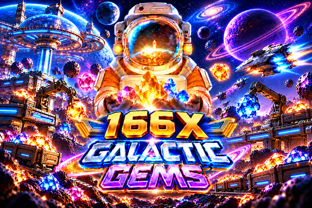166X Galactic Gems dengan astronaut, kristal bercahaya, planet, asteroid, pesawat luar angkasa, dan stasiun galaksi