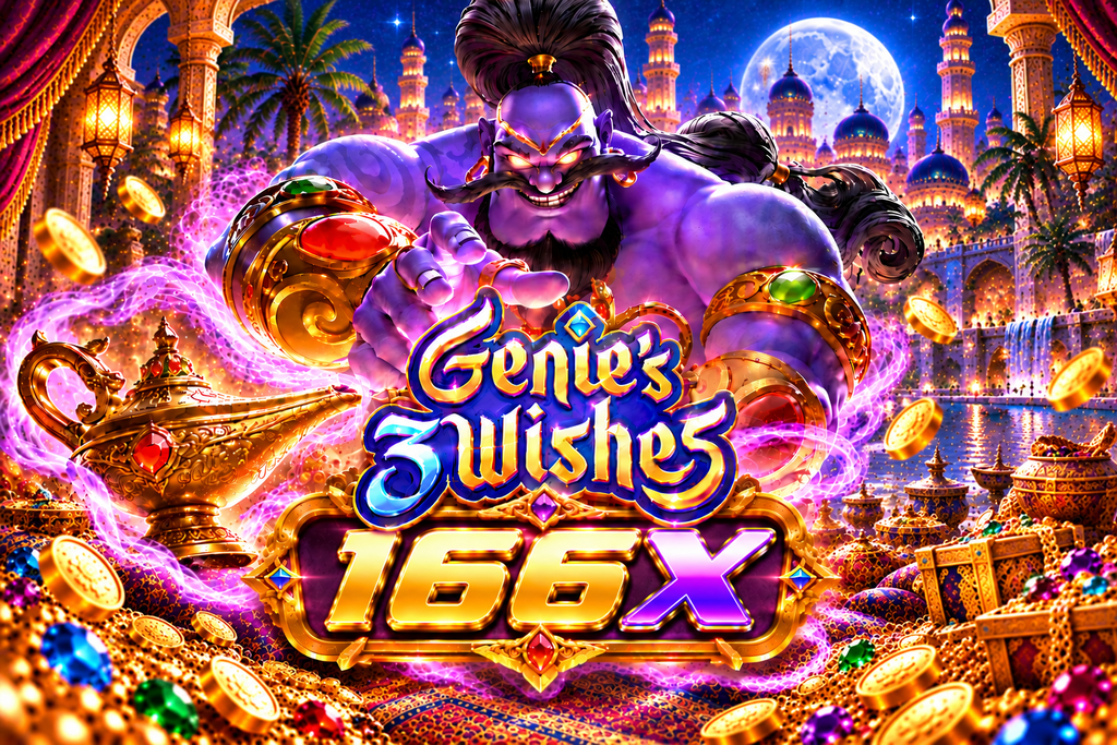 166X Genie’s Wishes dengan jin ungu, lampu ajaib, istana malam, dan harta berkilau