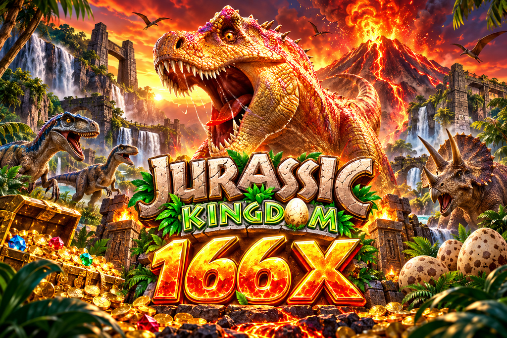 166X Jurassic Kingdom with a roaring T-Rex, erupting volcano, raptors, triceratops, dinosaur eggs, jungle ruins, waterfalls, and golden treasure