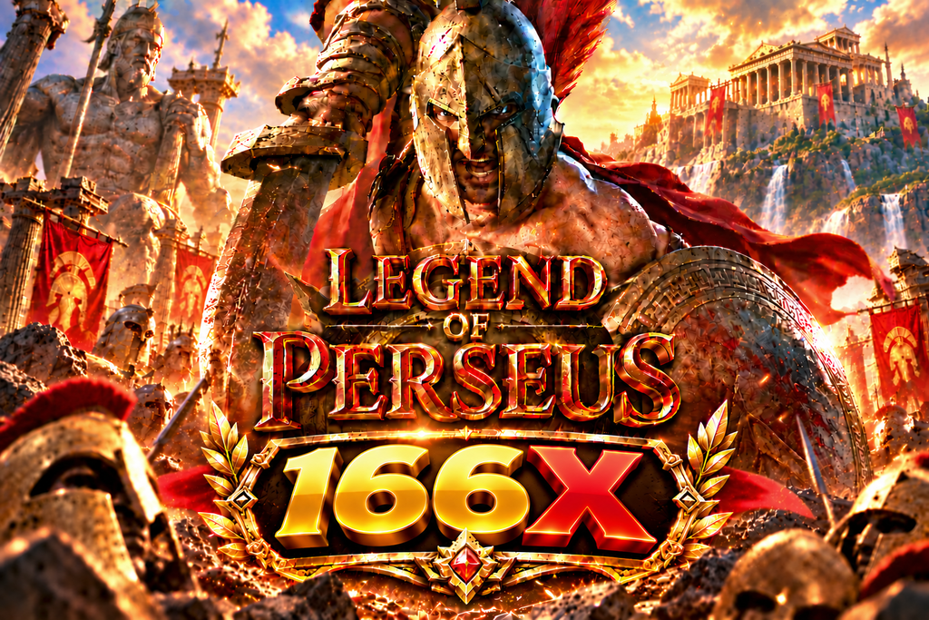 Game Legend of Perseus 166X dengan prajurit Yunani, pedang, perisai, kuil kuno, dan medan pertempuran epik