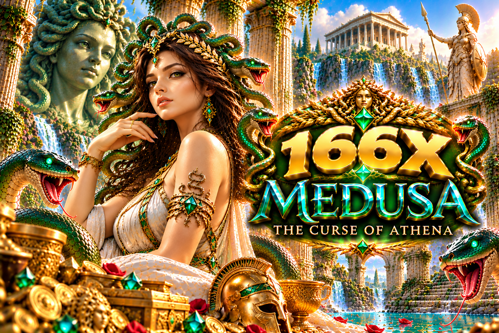 166X Medusa The Curse of Athena with emerald serpents and ancient Greek ruins