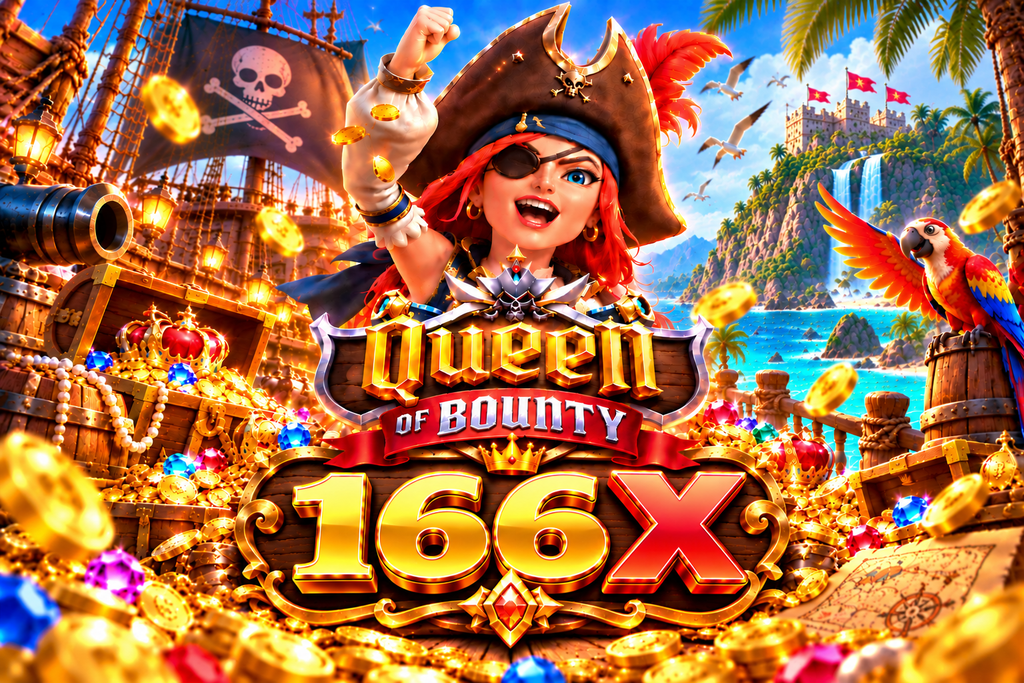 Game Queen of Bounty 166X dengan ratu bajak laut, kapal, peti harta karun, koin emas, permata, burung beo, dan pulau tropis