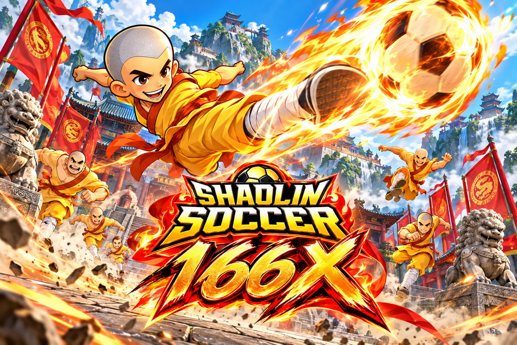 166X Shaolin Soccer dengan tendangan api, bola sepak, kuil Shaolin, dan aksi para biksu
