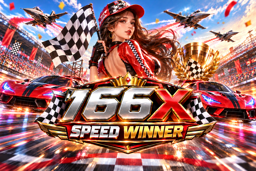 166X Speed Winner with a female racer, red sports cars, checkered flag, fighter jets, trophy, and a glowing racetrack