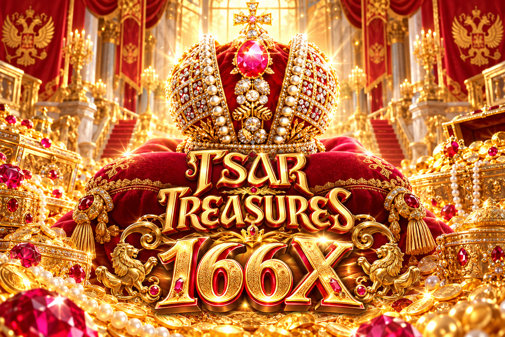 166X Tsar Treasures dengan mahkota kerajaan, permata merah, koin emas, dan istana mewah